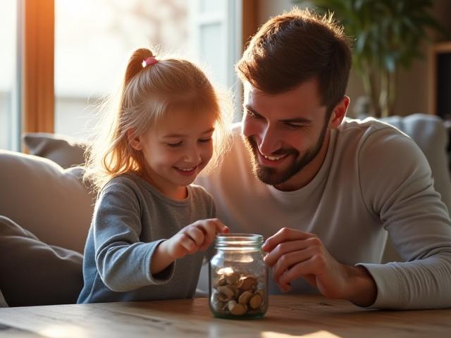 Father and daughter saving money together
